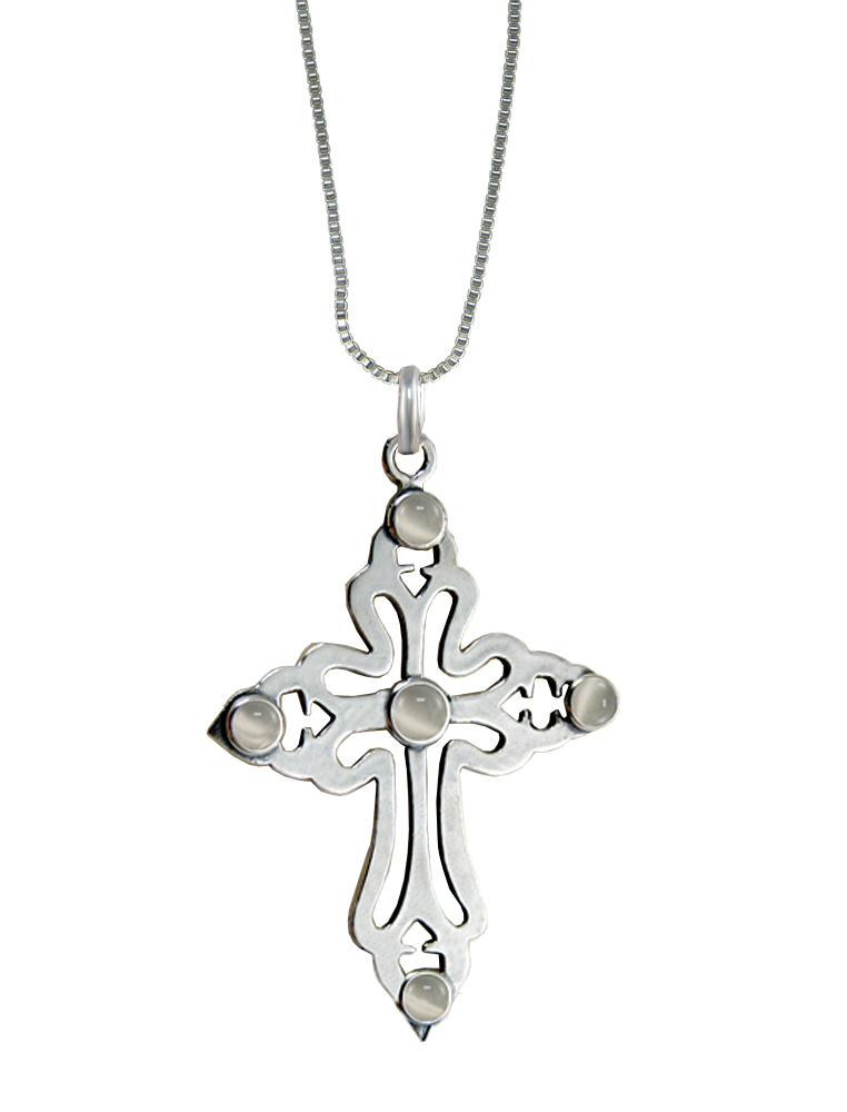 Sterling Silver Large Cross Pendant Necklace With White Moonstone